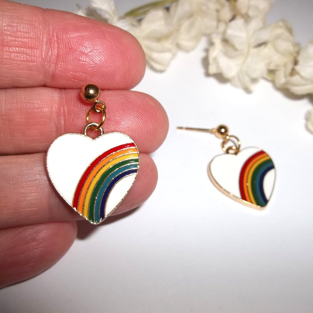 Rainbow Earring White Heart Gold Post Costume Jewelry Set Pair Dangle Pride C884 - Picture 6 of 6